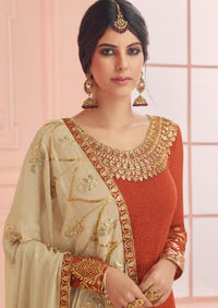 Orange & Beige Pure Georgette Embroidered Pant Suit