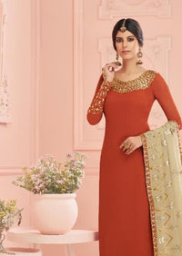 Orange & Beige Pure Georgette Embroidered Pant Suit