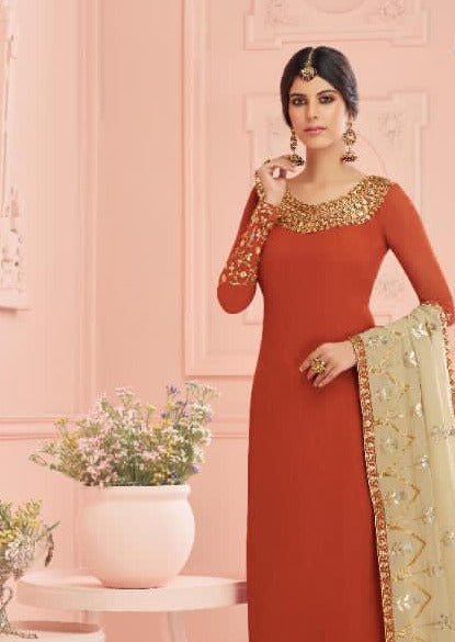 Orange & Beige Pure Georgette Embroidered Pant Suit