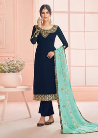 Navy Blue & Aqua Blue Pure Georgette Embroidered Pant Suit