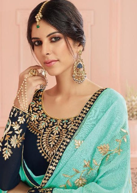 Navy Blue & Aqua Blue Pure Georgette Embroidered Pant Suit