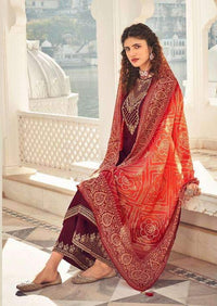 Maroon & Orange Heavy Chinon Embroidered Digital Print Palazzo Suit