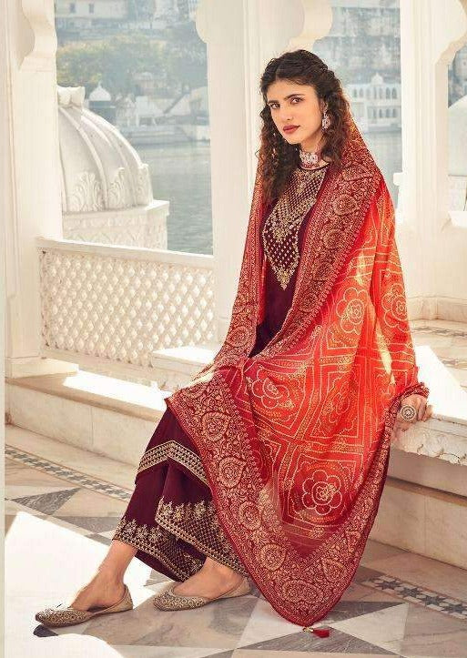 Maroon & Orange Heavy Chinon Embroidered Digital Print Palazzo Suit