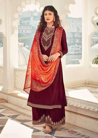 Maroon & Orange Heavy Chinon Embroidered Digital Print Palazzo Suit