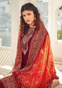 Maroon & Orange Heavy Chinon Embroidered Digital Print Palazzo Suit