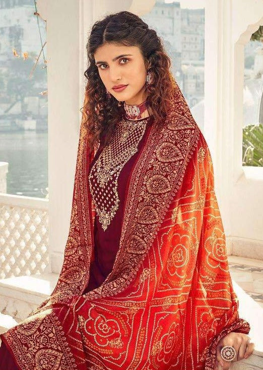 Maroon & Orange Heavy Chinon Embroidered Digital Print Palazzo Suit