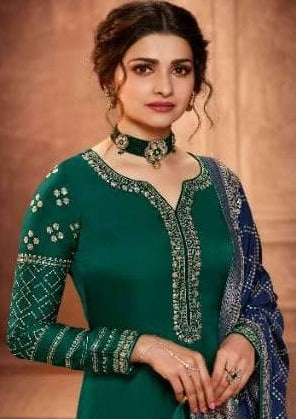 Green & Navy Blue Satin Muslin Embroidered Pant Suit