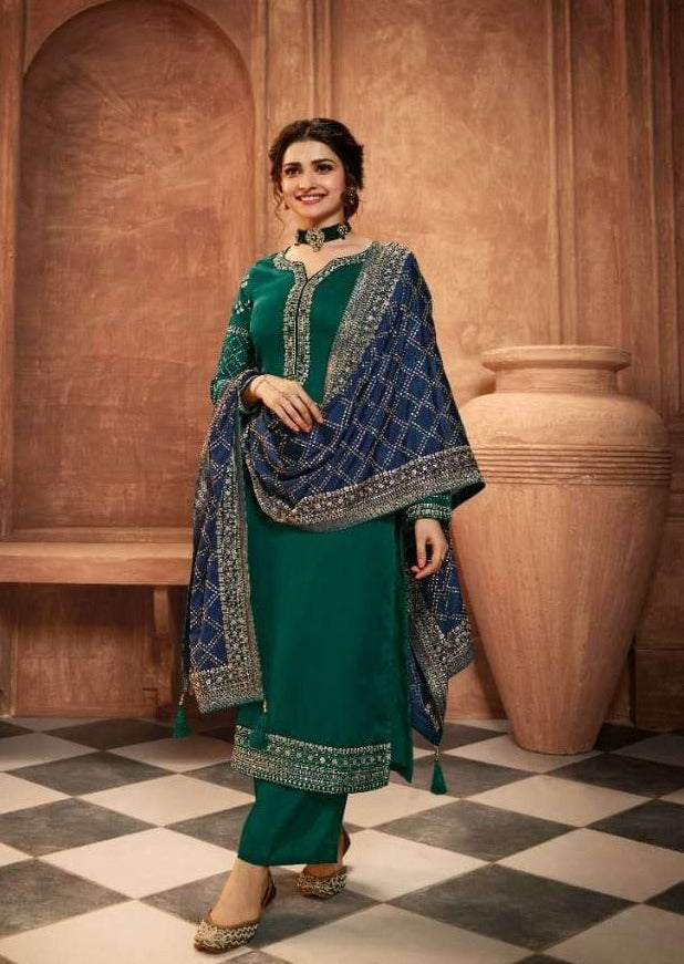 Green & Navy Blue Satin Muslin Embroidered Pant Suit