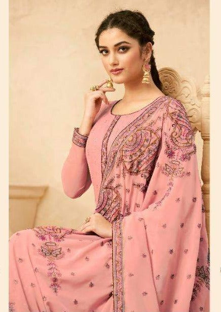Pink Georgette Full Embroidered Pant Suit