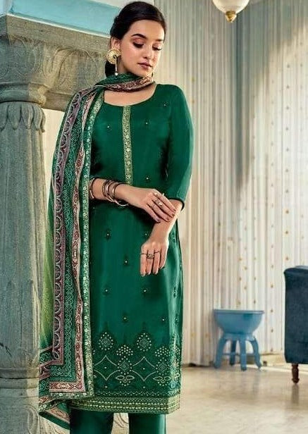 Green Pure Viscose Upada Jacquard Lace Embroidered Pant Suit