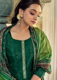 Green Pure Viscose Upada Jacquard Lace Embroidered Pant Suit