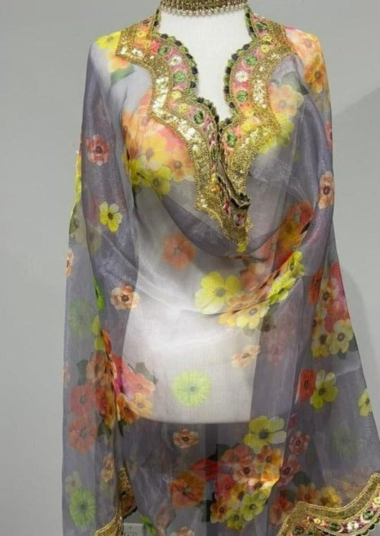 Purple Floral Embroidered Organza Printed Dupatta