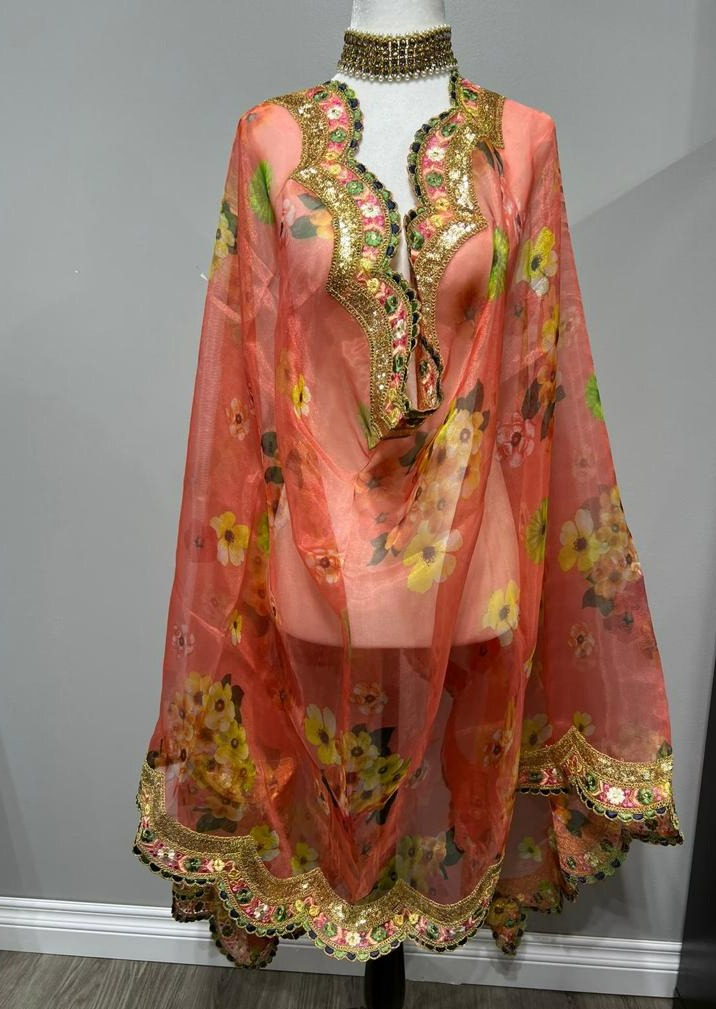 Orange Floral Embroidered Organza Printed Dupatta