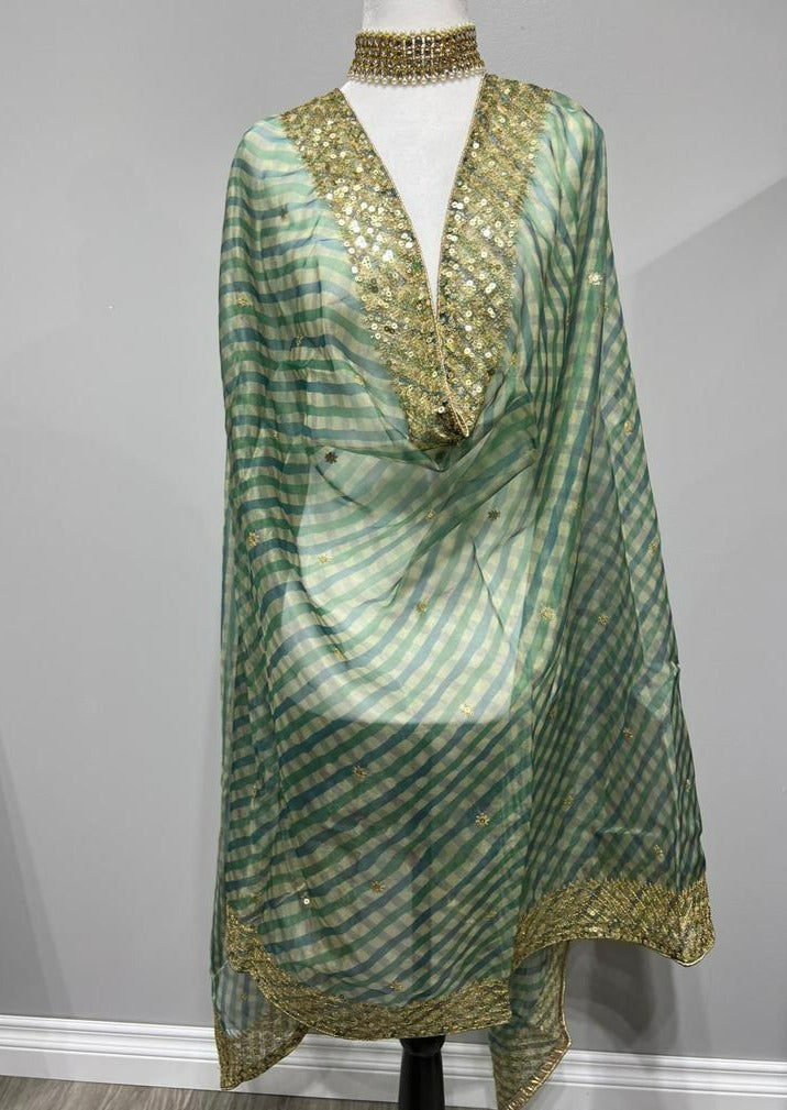 Green Criss Cross Embroidered Organza Printed Dupatta