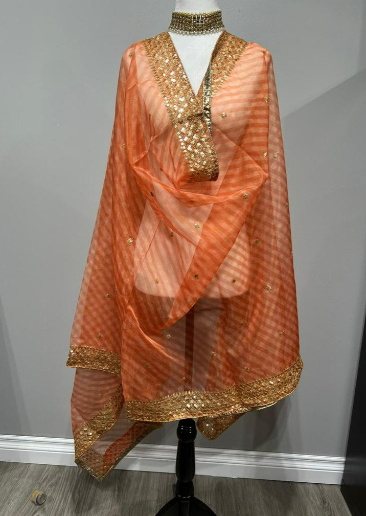 Orange Criss Cross Embroidered Organza Printed Dupatta