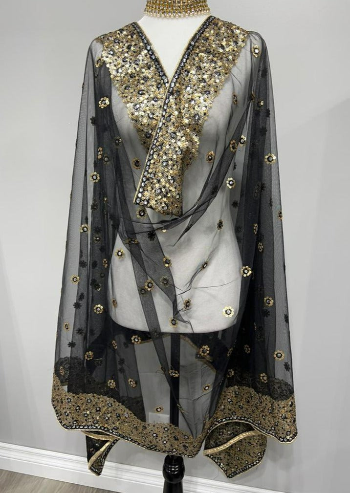 Black Embroidered With Butti Soft Net Dupatta