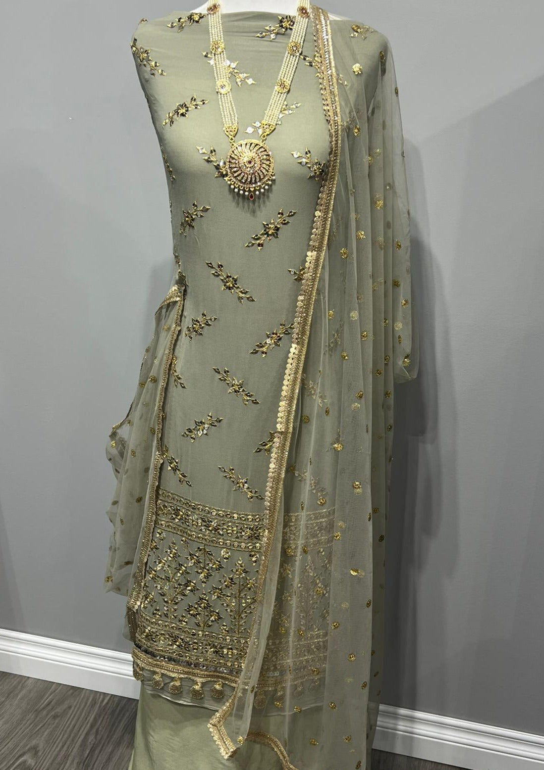 Warm Grey Georgette Full Sequins Embroidered Suit