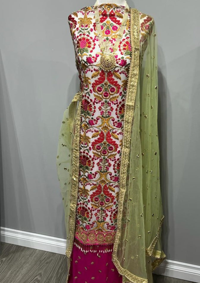 Red & Magenta Georgette Full Embroidered With Pearl Suit