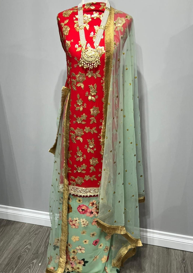 Red & Mint Green Georgette Full Embroidered Sequin Suit