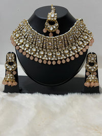 Peach & Gold Pearl Kundan Necklace & Tikka Set