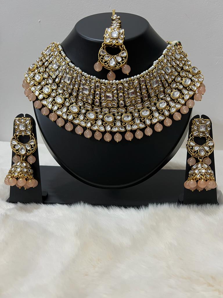 Peach & Gold Pearl Kundan Necklace & Tikka Set
