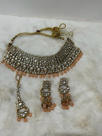 Peach & Gold Pearl Kundan Necklace & Tikka Set