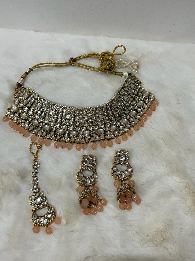 Peach & Gold Pearl Kundan Necklace & Tikka Set