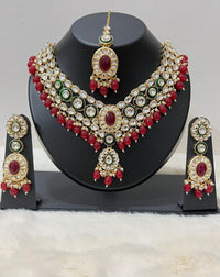 Magenta & Dark Green Pearl Kundan Necklace With Tikka Set