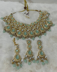 Mint Green & Gold Pearl Kundan Neckalce With Tikka Set