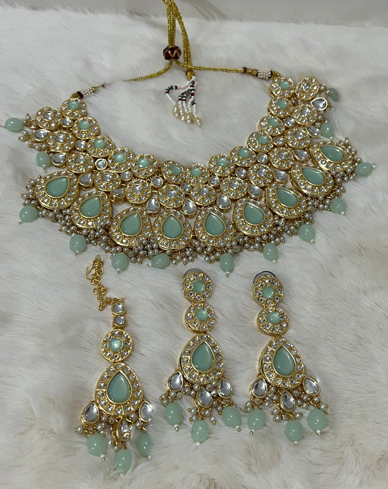 Mint Green & Gold Pearl Kundan Neckalce With Tikka Set