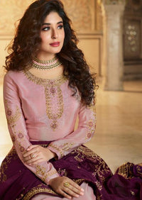 Light Pink & Maroon Satin Muslin Embroidered Palazzo Suit