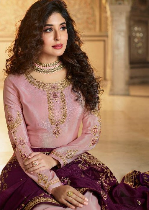 Light Pink & Maroon Satin Muslin Embroidered Palazzo Suit
