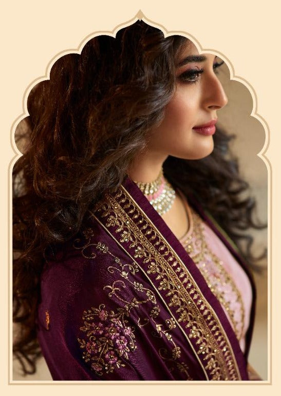 Light Pink & Maroon Satin Muslin Embroidered Palazzo Suit