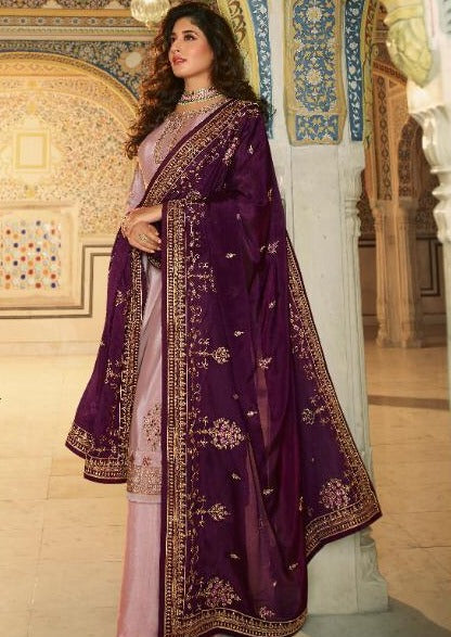 Light Pink & Maroon Satin Muslin Embroidered Palazzo Suit