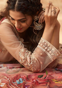 Beige Floral Net Embroidered Banglori Silk Pant Suit