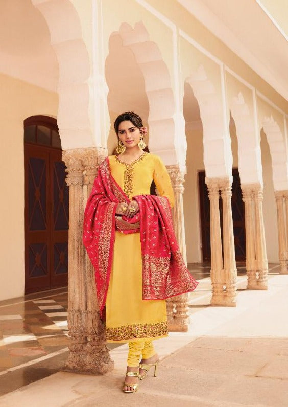 Yellow & Red Satin Georgette Embroidered Churidar Suit