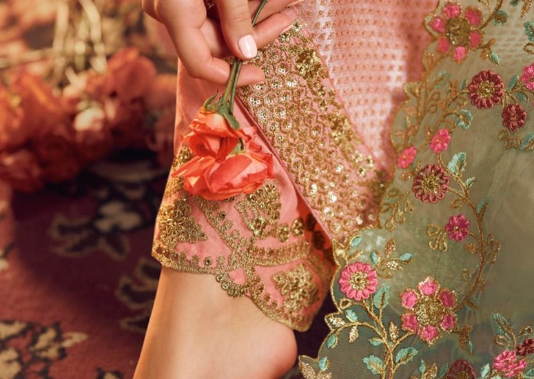 Peach & MInt Green Jacquard Embroidered Palazzo Suit