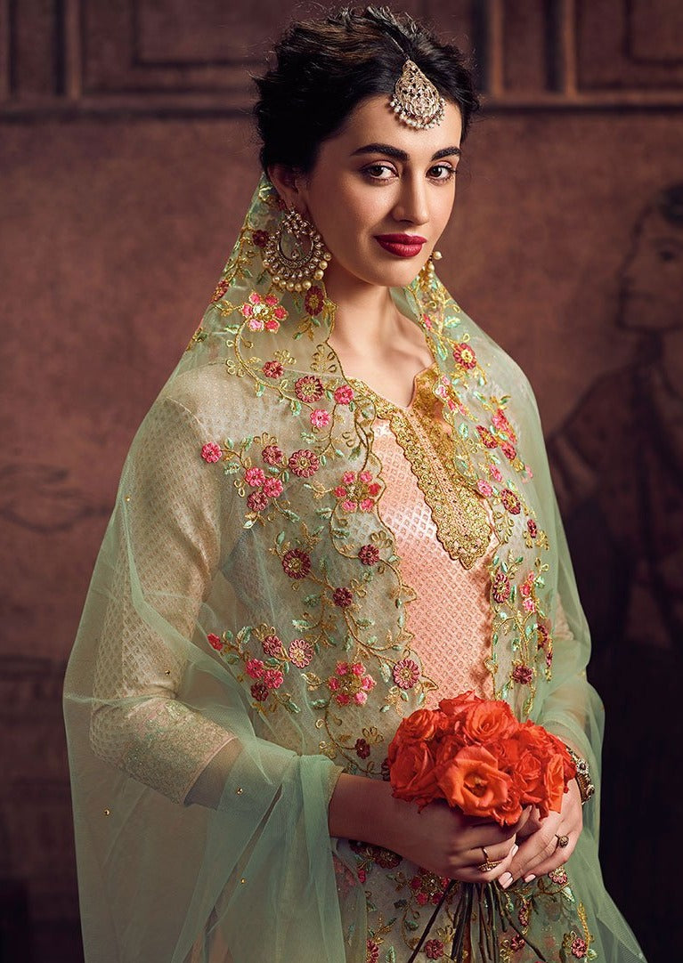 Peach & MInt Green Jacquard Embroidered Palazzo Suit