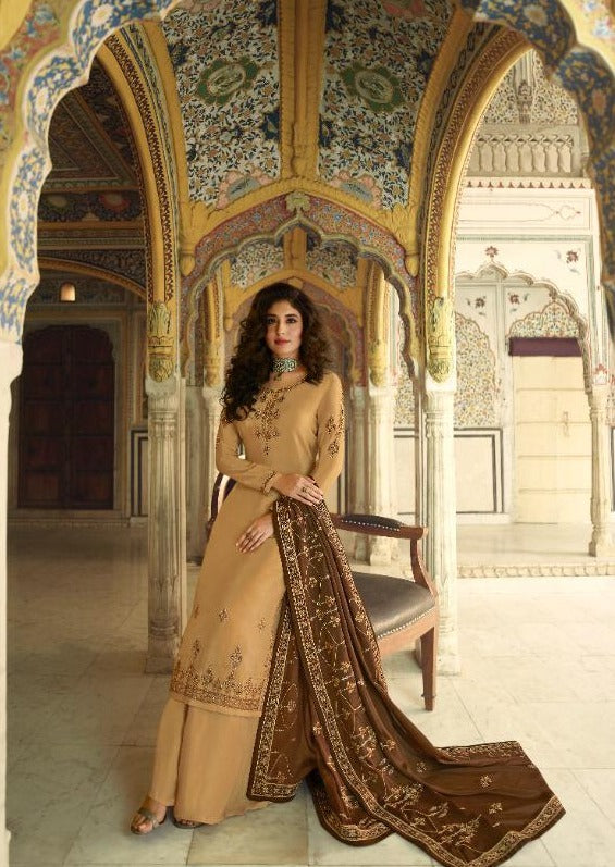 Beige & Brown Satin Muslin Embroidered Palazzo Suit