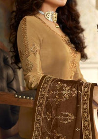 Beige & Brown Satin Muslin Embroidered Palazzo Suit