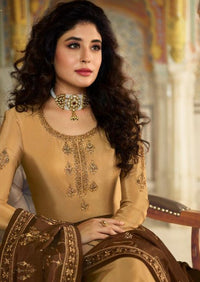 Beige & Brown Satin Muslin Embroidered Palazzo Suit