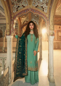 Sea Green & Dark Green Satin Muslin Embroidered Palazzo Suit