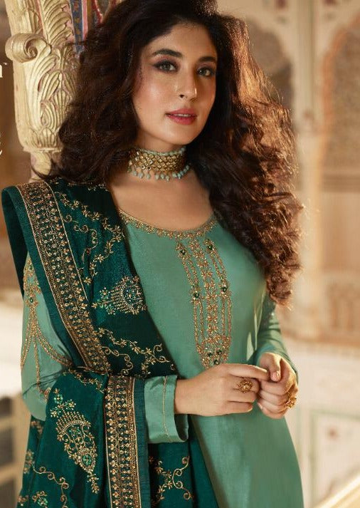 Sea Green & Dark Green Satin Muslin Embroidered Palazzo Suit