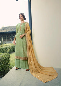 Mint Green & Beige Pure Viscose Chinon  Sequins Embroidered Palazzo Suit