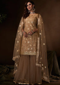 Golden Beige Sequins Embroidered Net Gharara Suit