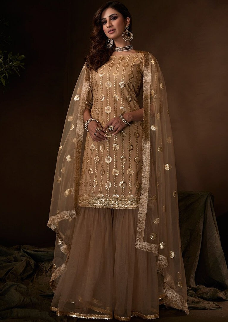 Golden Beige Sequins Embroidered Net Gharara Suit