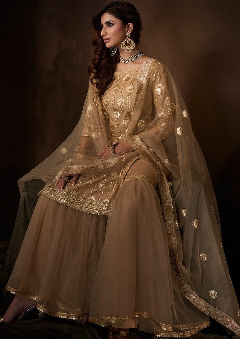 Golden Beige Sequins Embroidered Net Gharara Suit