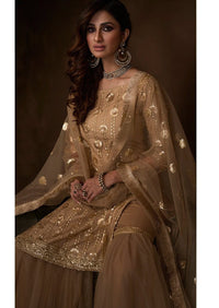 Golden Beige Sequins Embroidered Net Gharara Suit