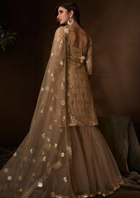 Golden Beige Sequins Embroidered Net Gharara Suit
