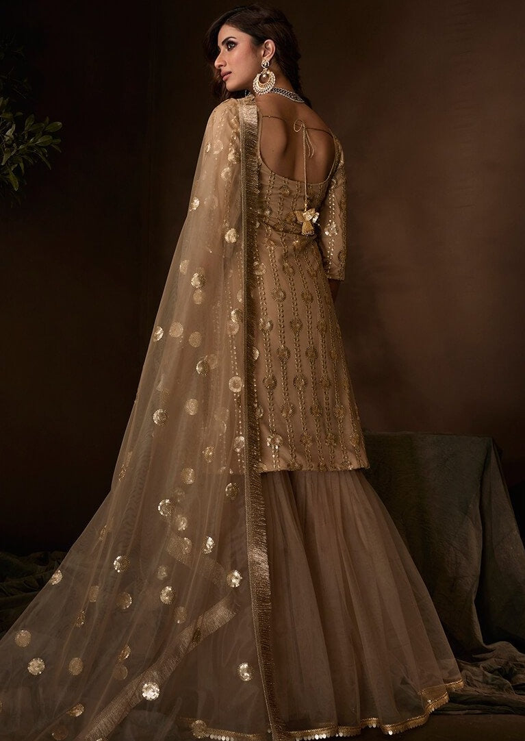 Golden Beige Sequins Embroidered Net Gharara Suit